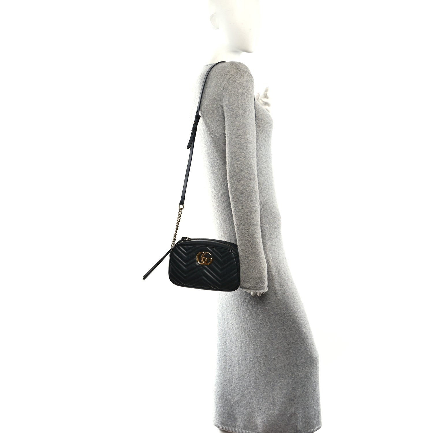 Gucci Calfskin Matelasse Small GG Marmont Chain Shoulder Bag Black 2 of 12