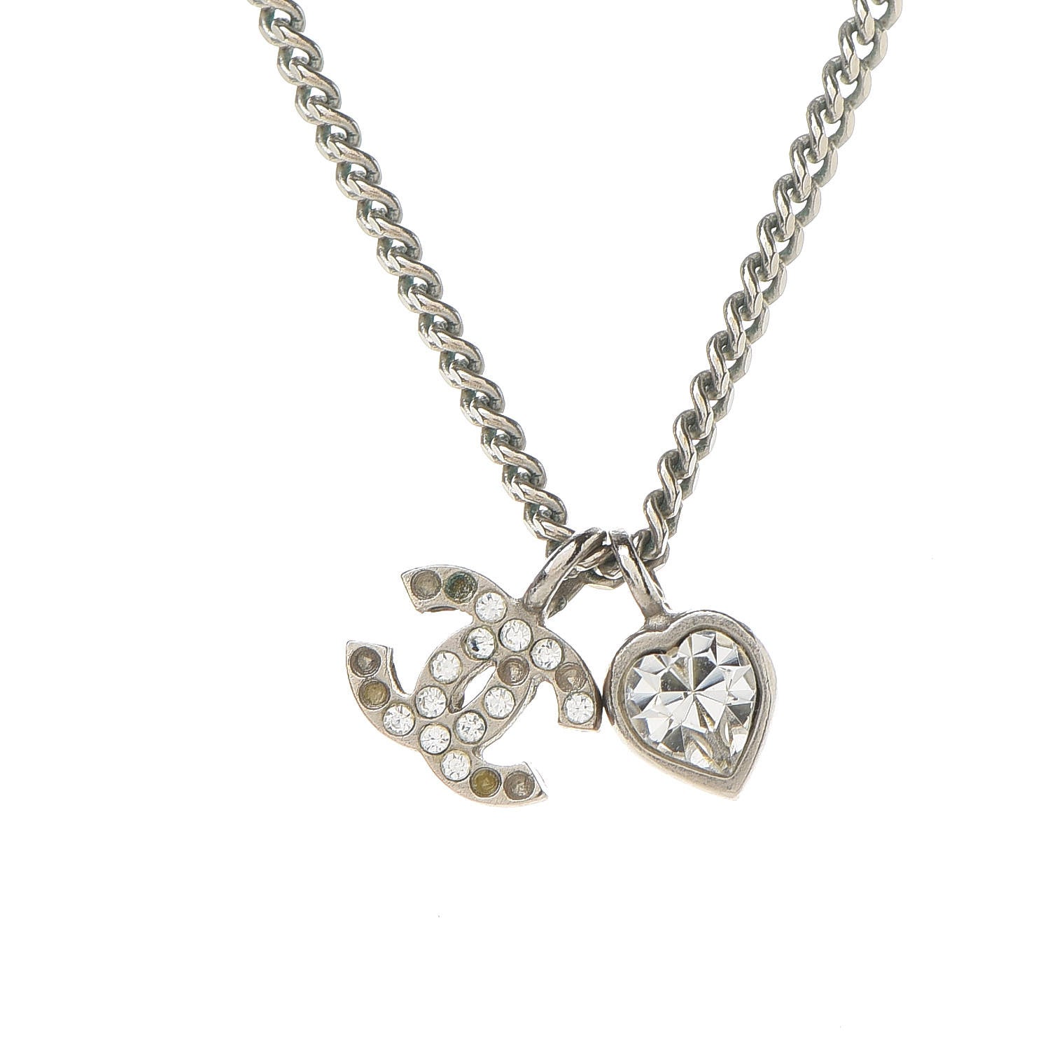 Chanel Crystal Mini Heart CC Necklace Silver 5 of 5