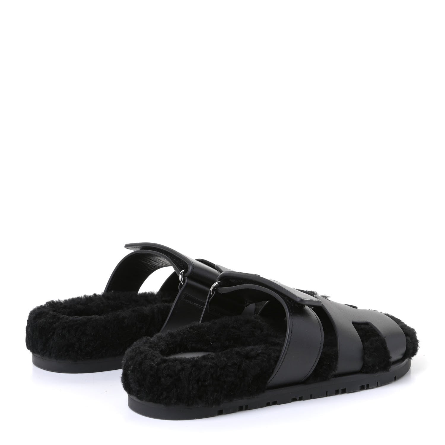 Hermes Calfskin Woolskin Womens Chypre Sandals 35 Black 3 of 4
