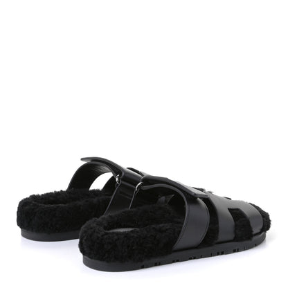 Hermes Calfskin Woolskin Womens Chypre Sandals 35 Black 3 of 4
