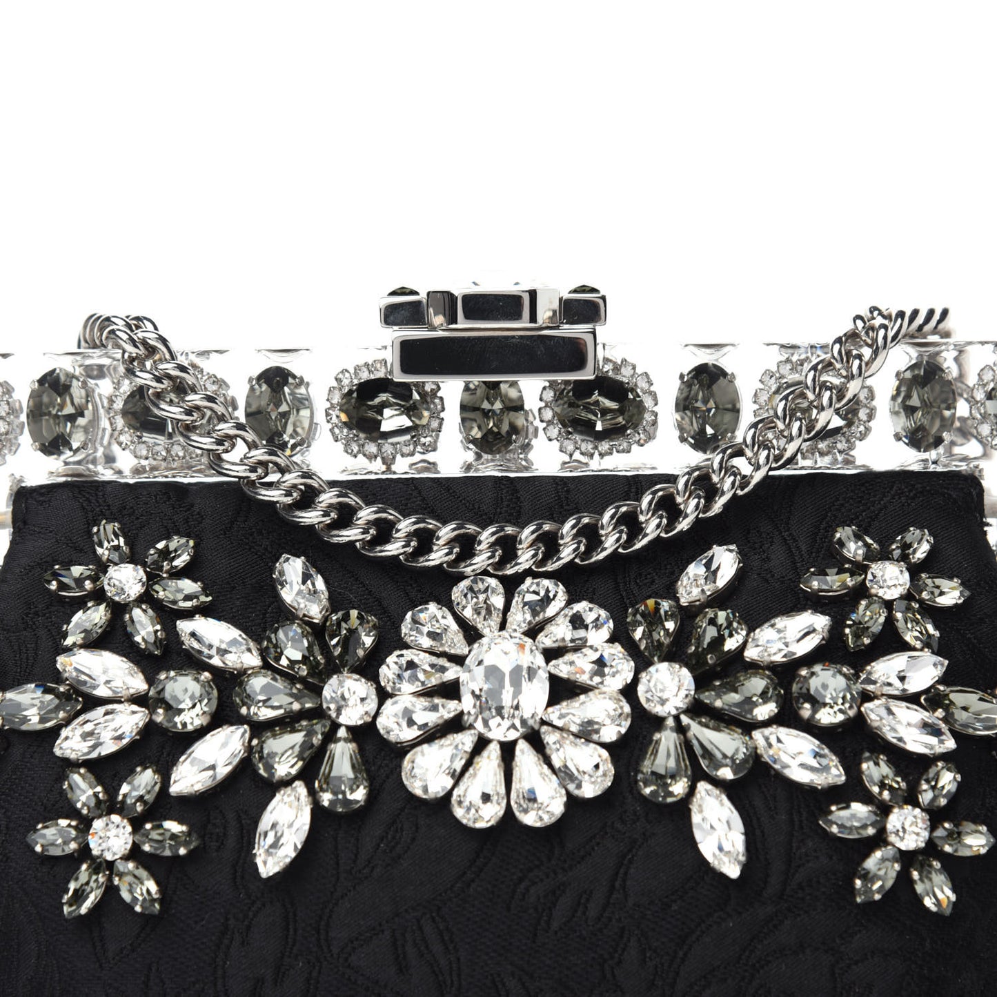 Satin Lace Crystal Embellished Plexis Glass Chain Clutch Black