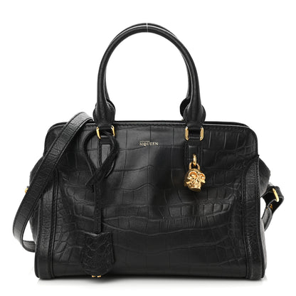 Alexander McQueen Calfskin Crocodile Embossed Small Skull Padlock Zip Around Tote Black 1 of 13