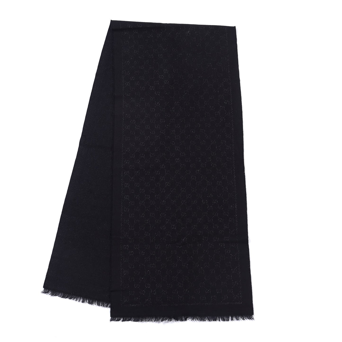 Wool Silk GG Monogram Fringe Scarf Black