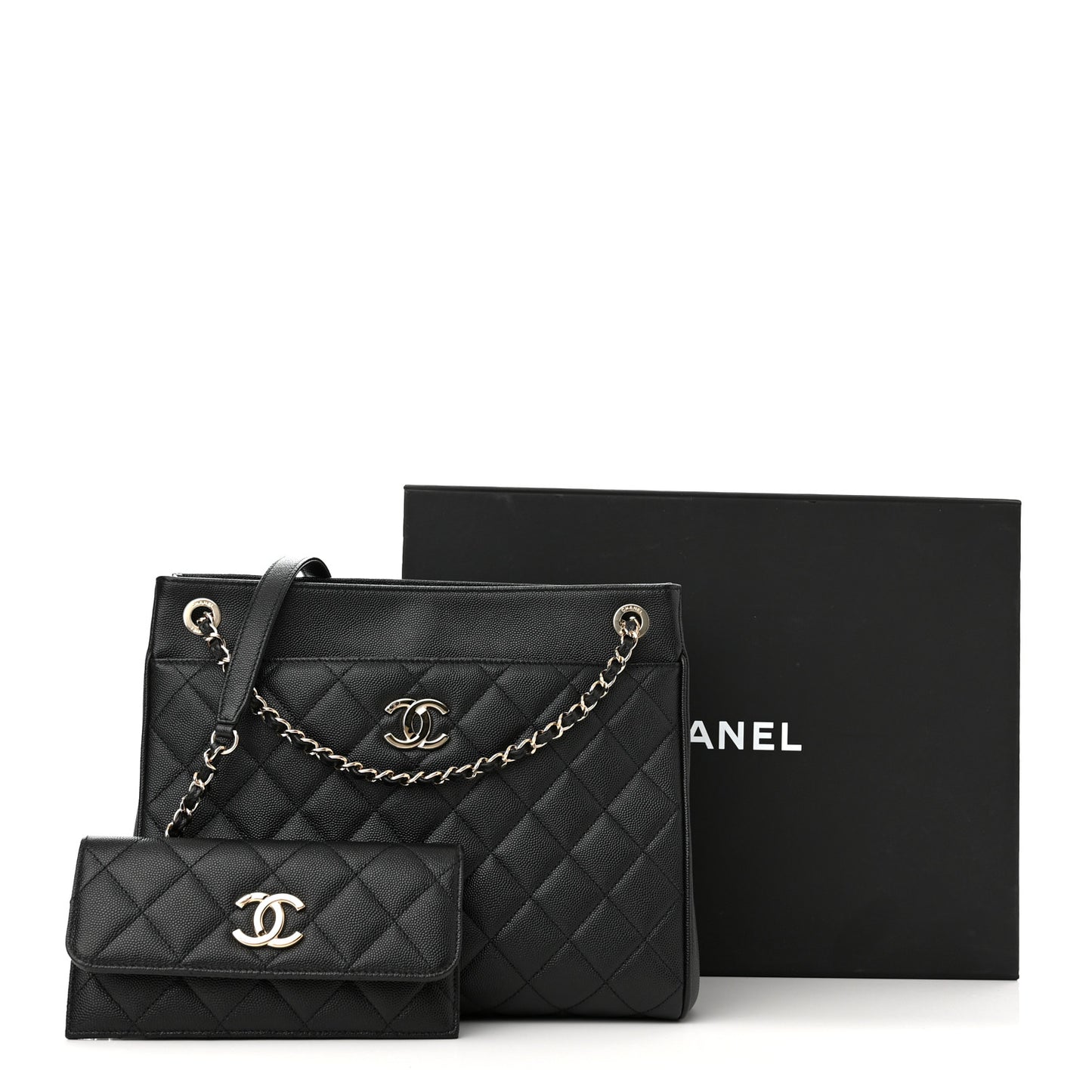 Caviar Quilted In Out Flap Shopping Tote Black