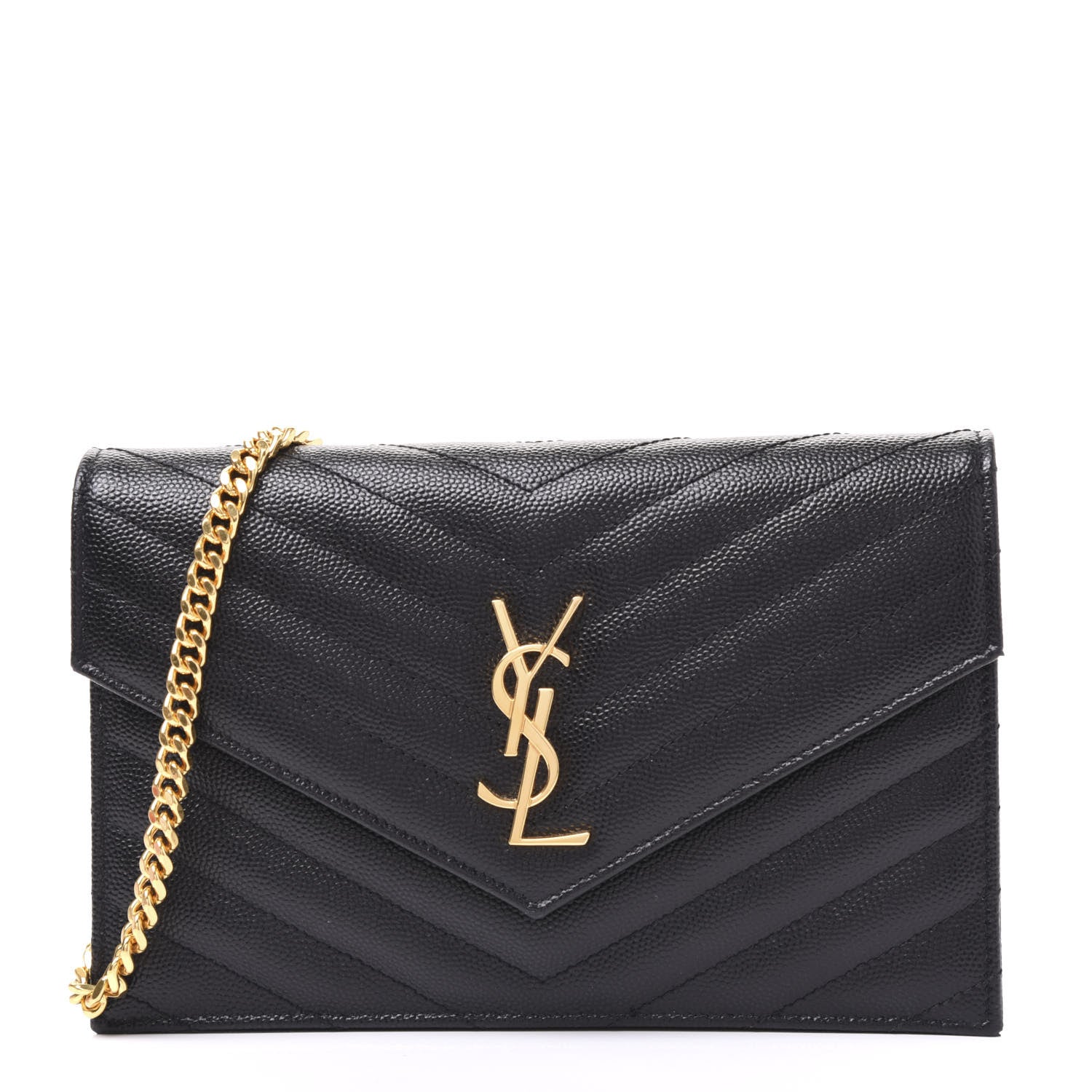Saint Laurent Grain De Poudre Matelasse Chevron Monogram Envelope Chain Wallet Black 1 of 8