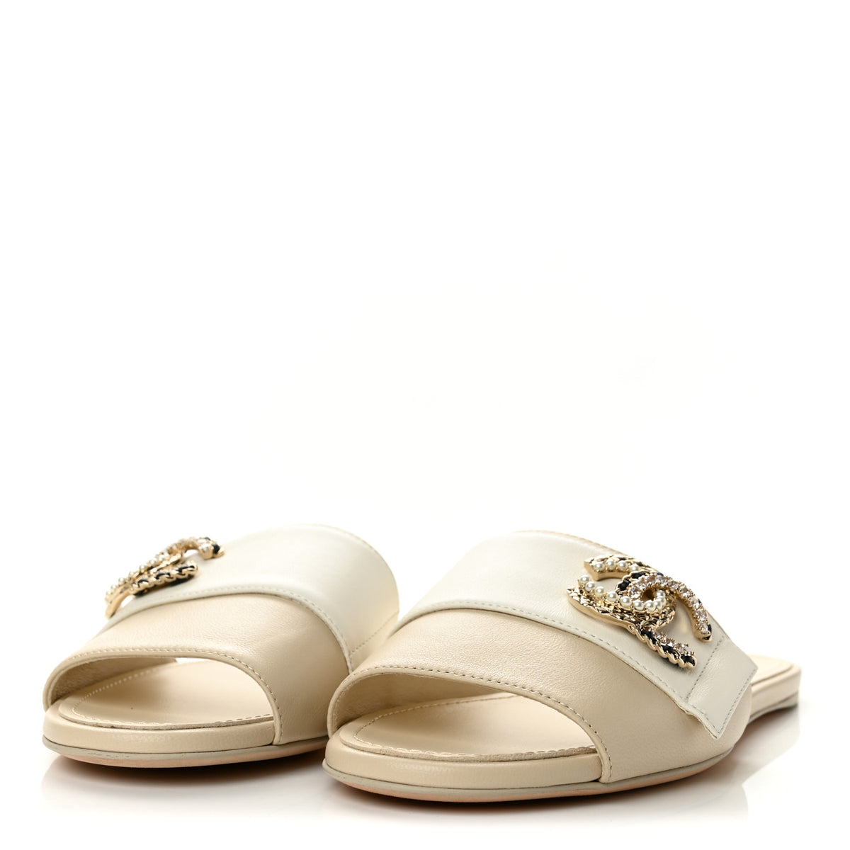 Chanel Lambskin Pearl Crystal CC Mules Sandals 36 Light Beige White 4 of 11