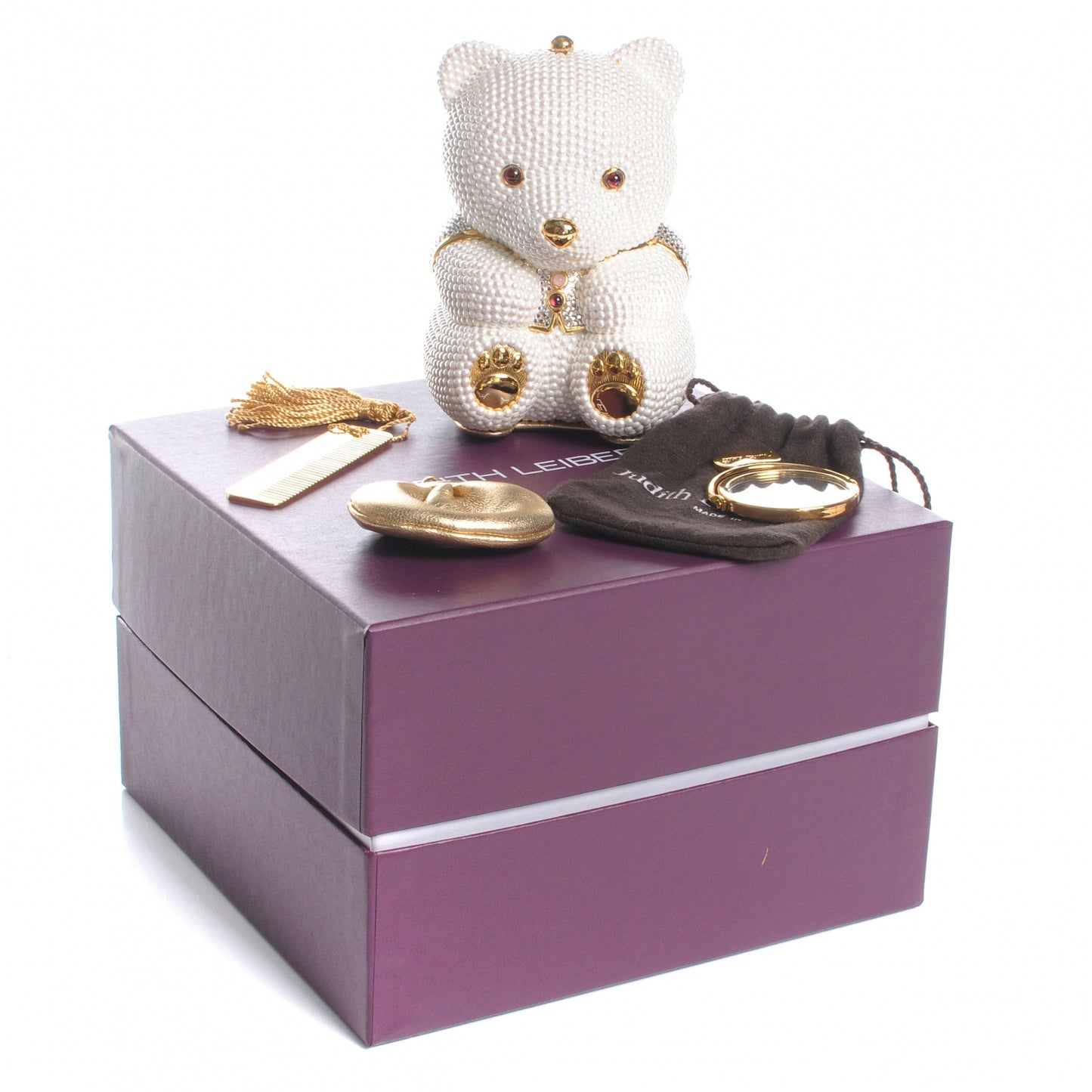 Pearl Crystal Sweetheart Bear Minaudiere Clutch White