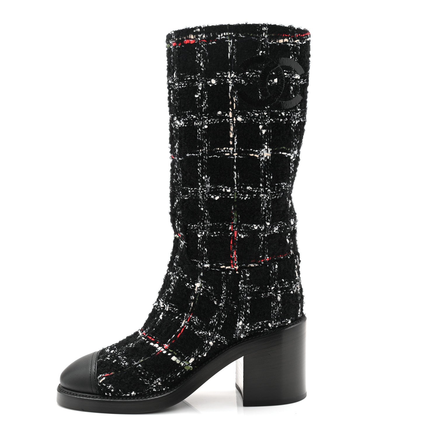 Chanel Wool Tweed Calfskin Cap Toe High Boots 38.5 Black Multicolor 1 of 10