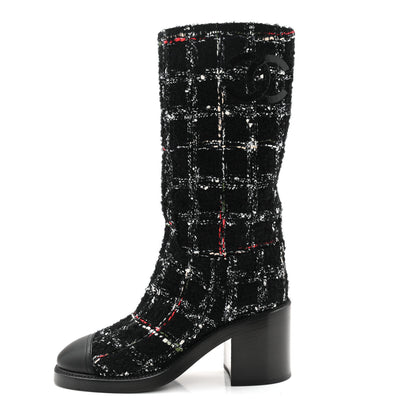 Chanel Wool Tweed Calfskin Cap Toe High Boots 38.5 Black Multicolor 1 of 10