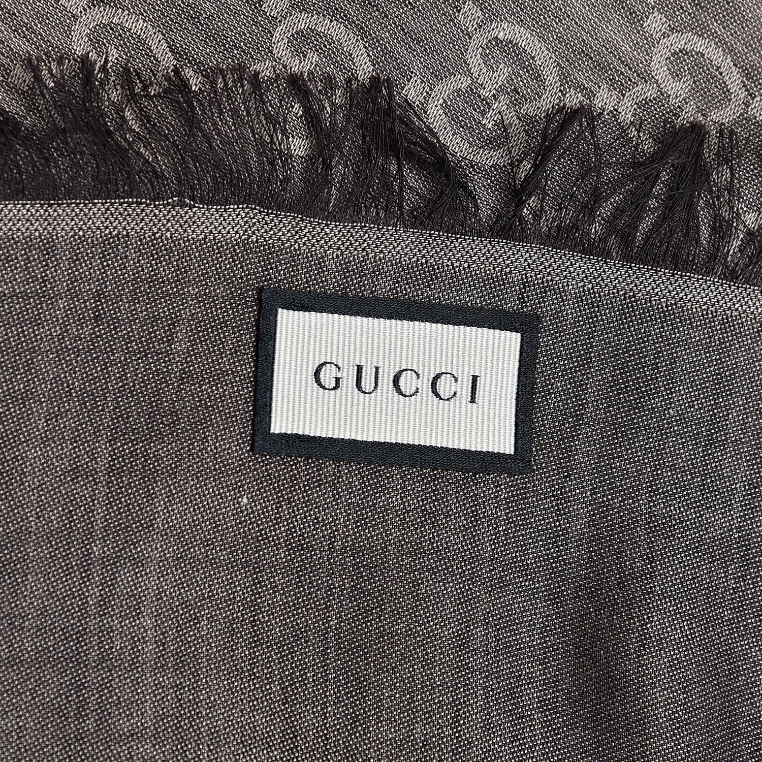 Gucci Wool Silk GG Monogram GGLight Fringe Shawl Brown Beige 4 of 4