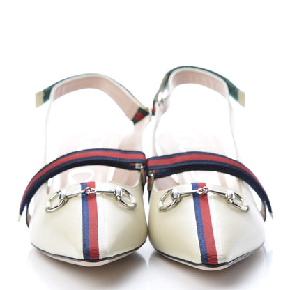 Gucci Malaga Kid Web Horsebit Low Heel Slingback Pumps 41 Vintage White 2 of 11