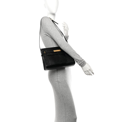 Saint Laurent Shiny Calfskin Crocodile Embossed Manhattan Baguette Black 2 of 9