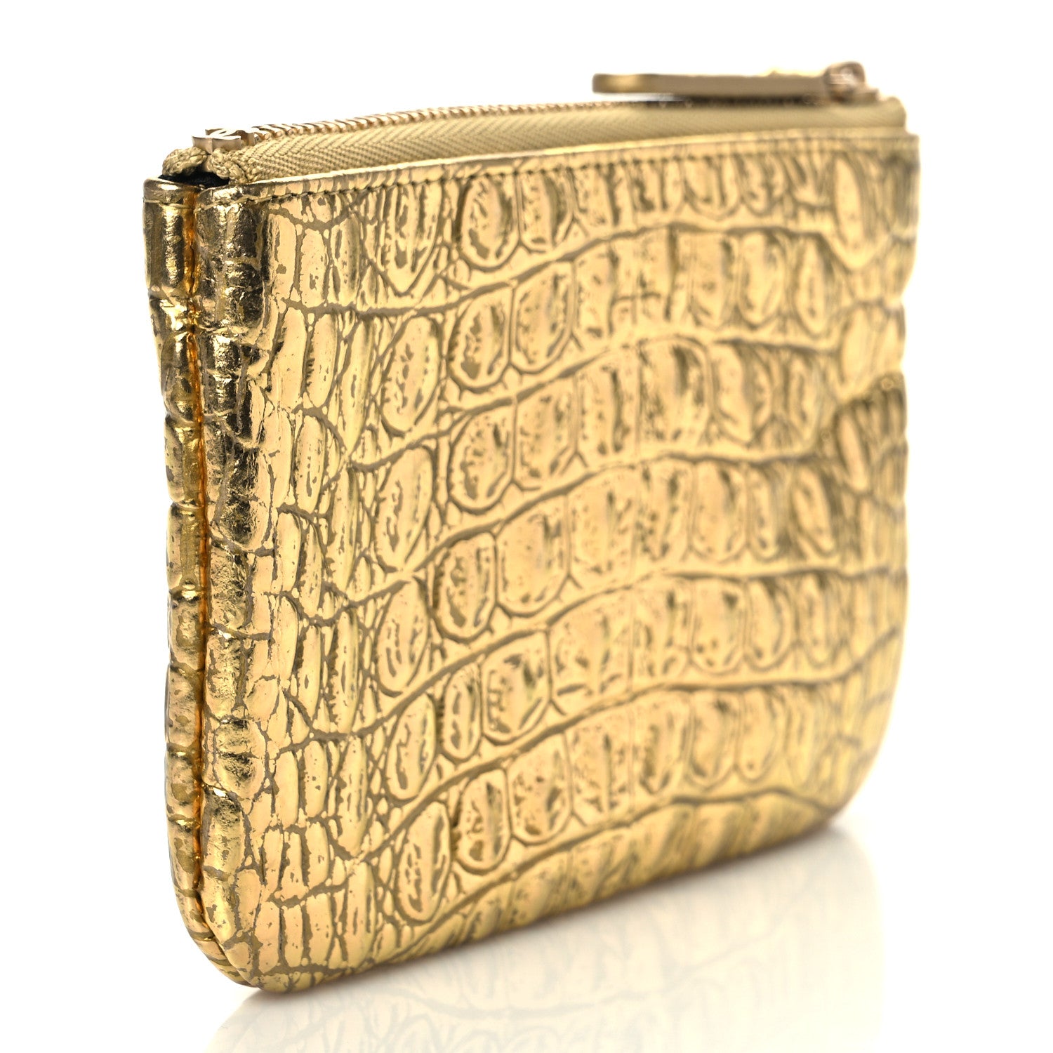 Chanel Metallic Calfskin Crocodile Embossed Cocodile Small Cosmetic Case Gold 3 of 8