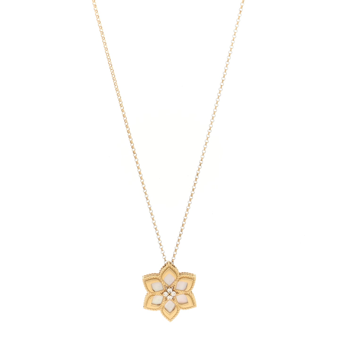 18K Yellow Gold Diamond Mother of Pearl Vernazza Flower Pendant Necklace