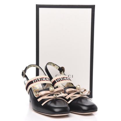 Gucci Malaga Kid Bow Ace Stripe Mid Heel Slingback Pumps 40 Black 10 of 10