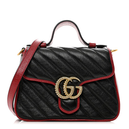 Gucci Vintage Effect Calfskin Matelasse Diagonal Mini Torchon GG Marmont Top Handle Shoulder Bag Black Romantic Cherry 1 of 10