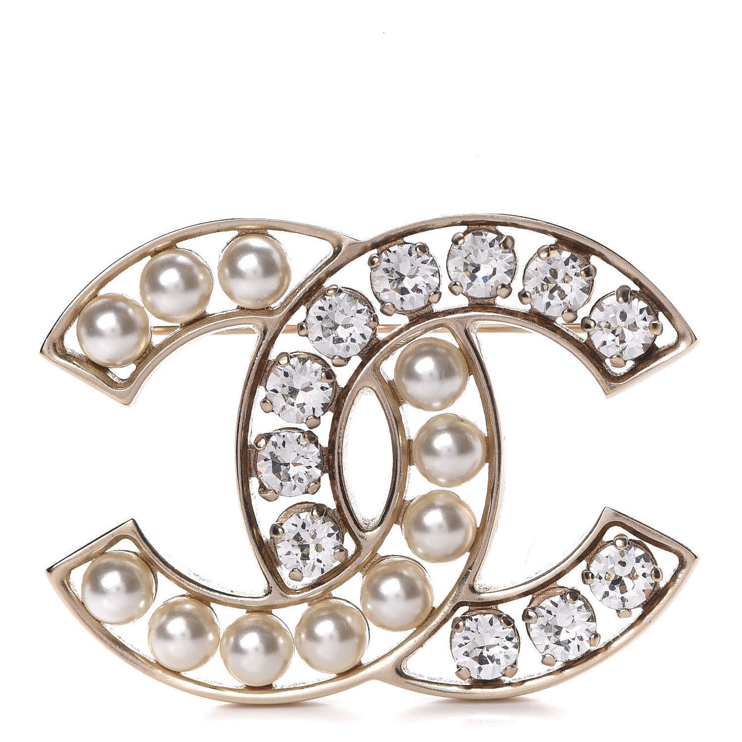 Pearl Crystal CC Brooch Gold