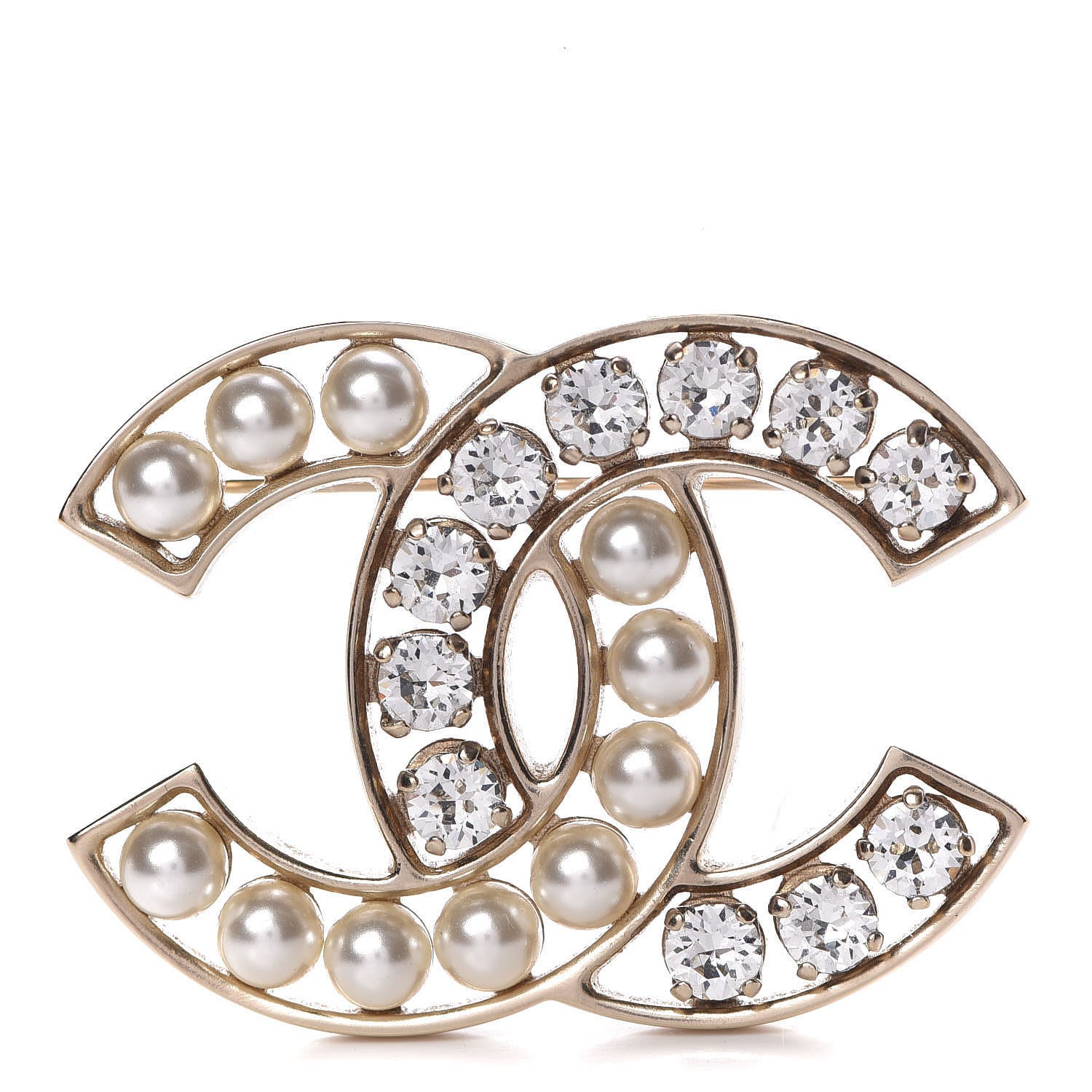 Chanel Pearl Crystal CC Brooch Gold 1 of 5