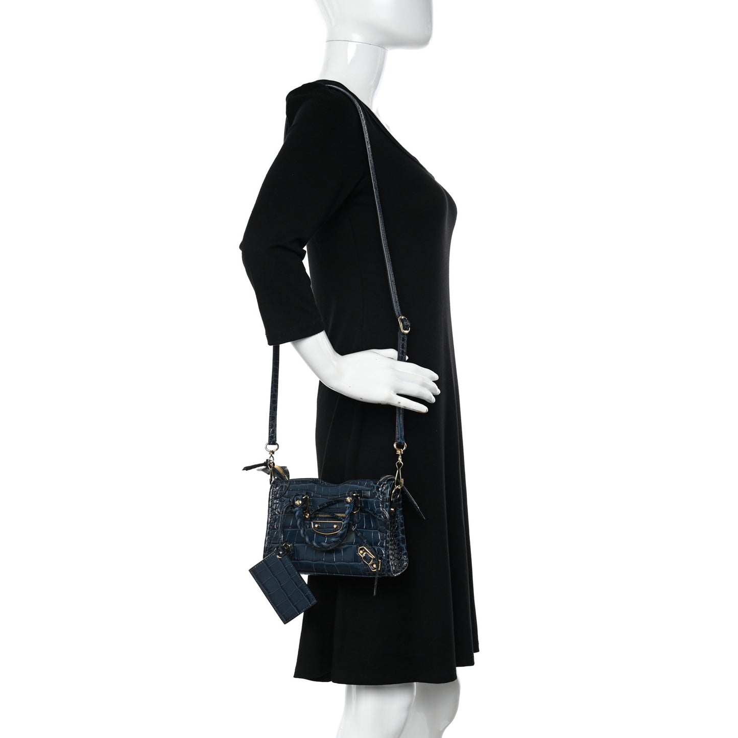 Shiny Supple Calfskin Crocodile Embossed Gold Metallic Edge Hardware Nano City Denim Blue
