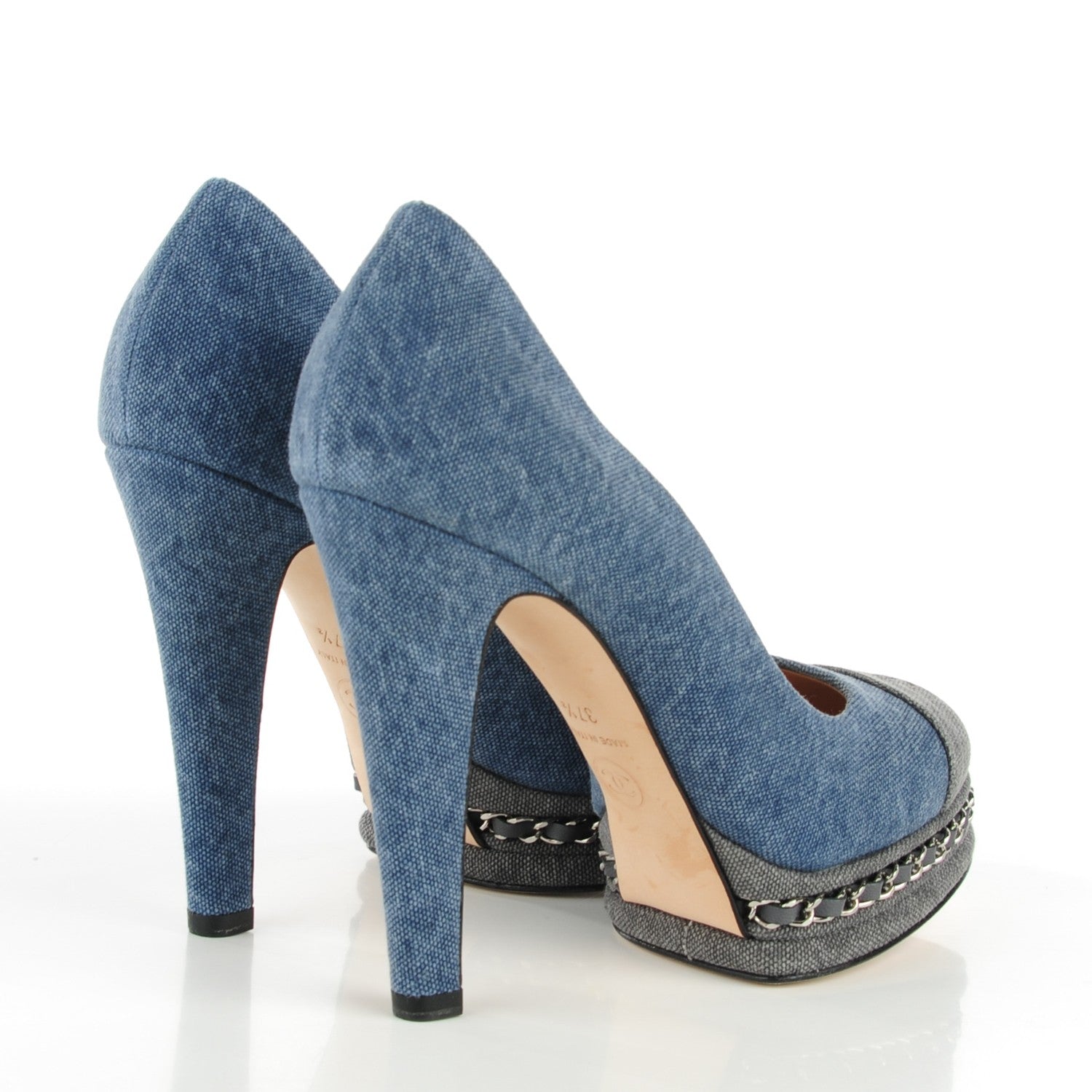 Chanel Denim Chain Around Cap Toe Platform Pumps 37.5 Blue Gris Fonce 4 of 9