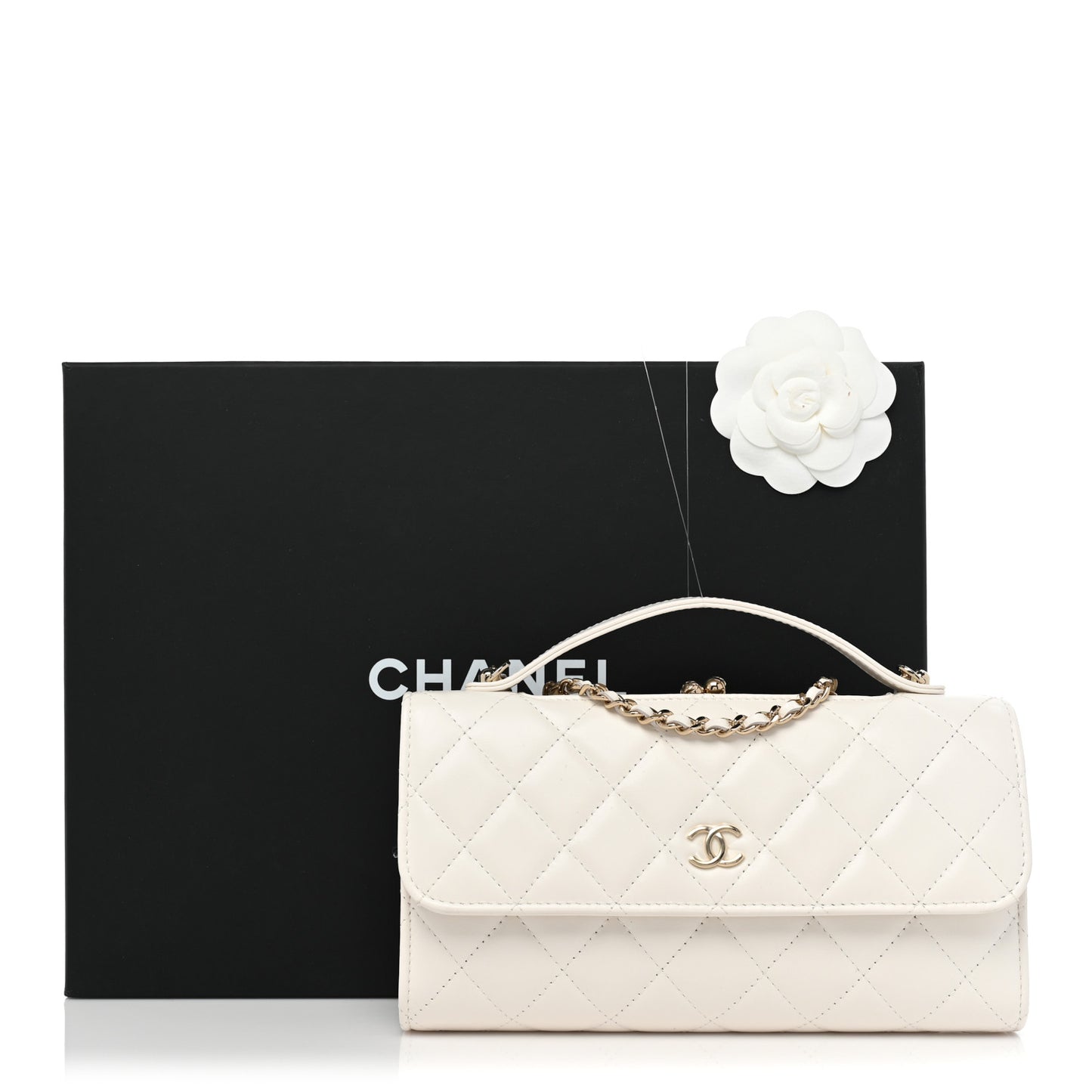 Shiny Calfskin Quilted Flap Phone Holder With Chain White