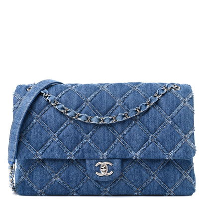 Chanel Frayed Denim Quilted Large Blue Chip Flap Blue 1 of 9