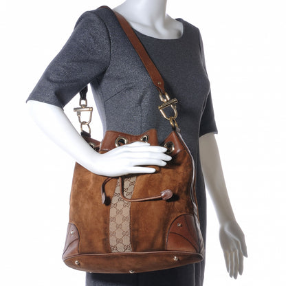 Gucci Suede Monogram Drawstring Shoulder Bag Brown 2 of 14