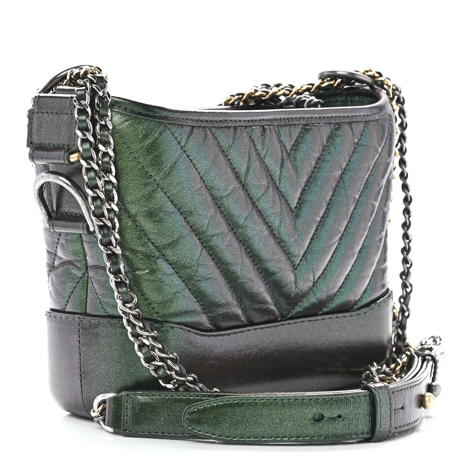 Chanel Metallic Aged Calfskin Chevron Quilted Small Gabrielle Hobo Green 3 of 11