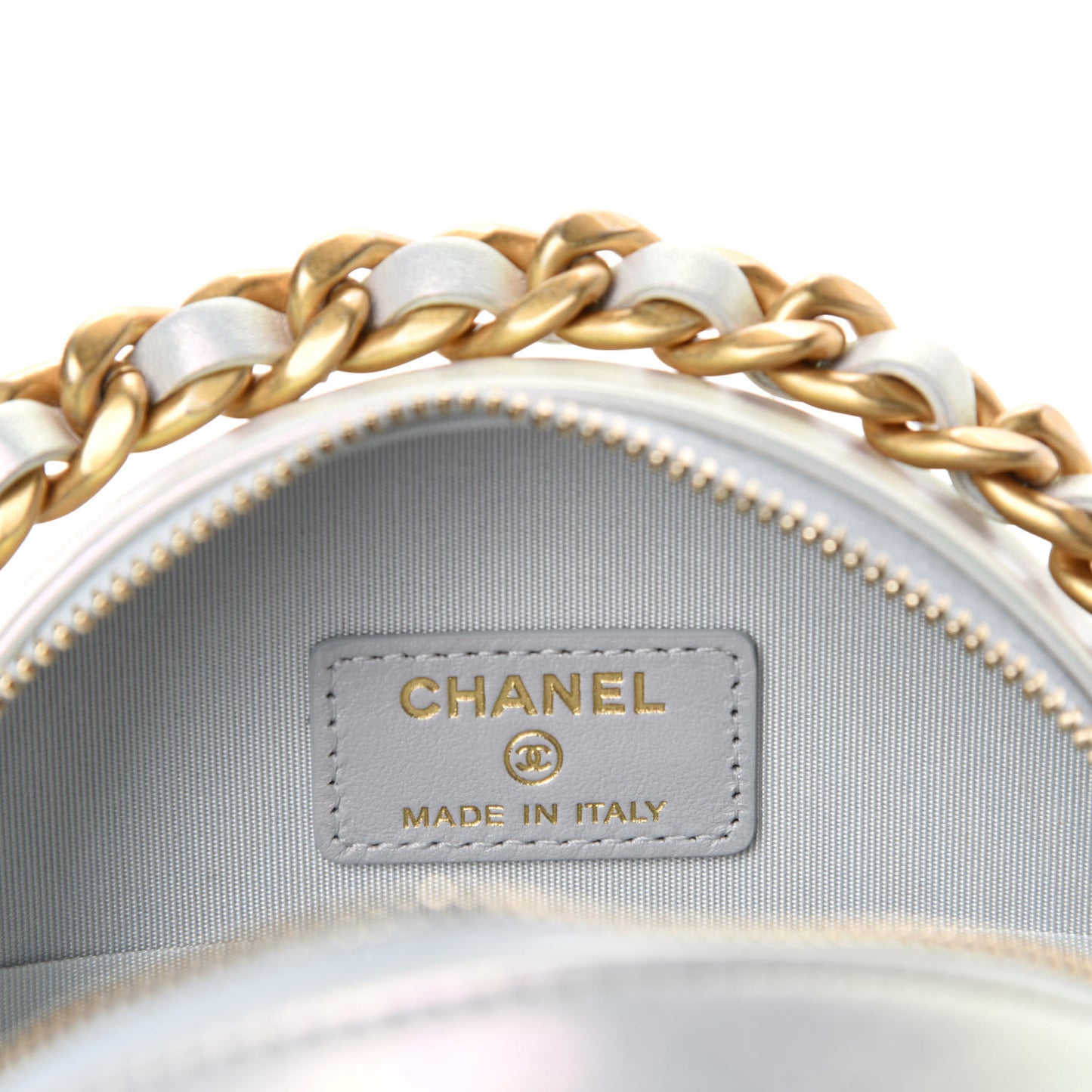 Iridescent Calfskin Quilted 19 Round Clutch With Chain White