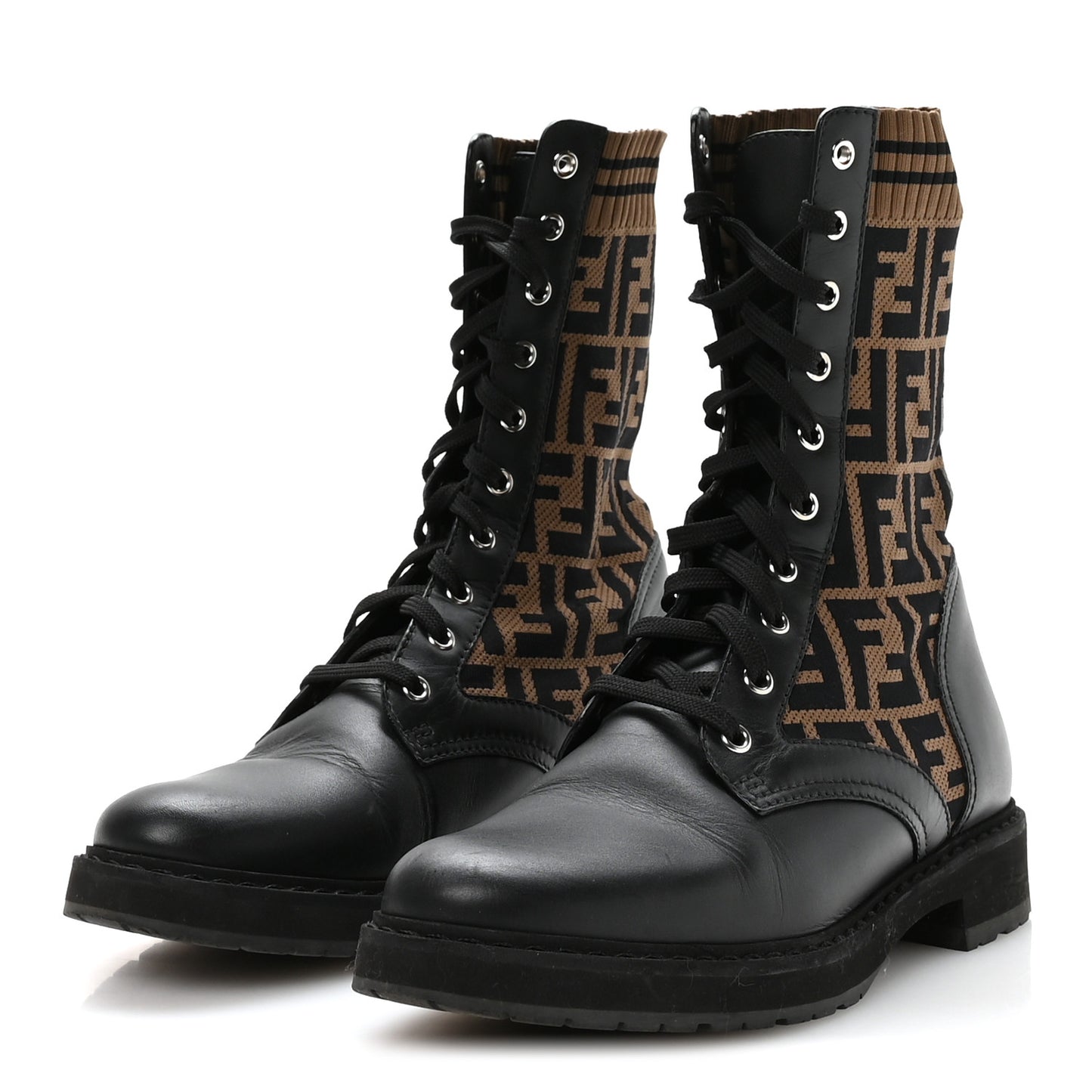 Calfskin Stretch Fabric FF Rockoko Biker Boots 40 Black Tobacco