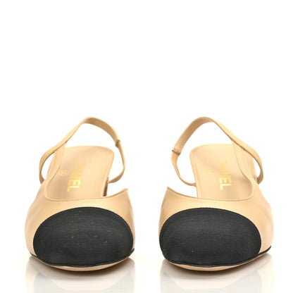 Chanel Goatskin Grosgrain Cap Toe CC Slingback Pumps 40.5 Beige Black 2 of 7