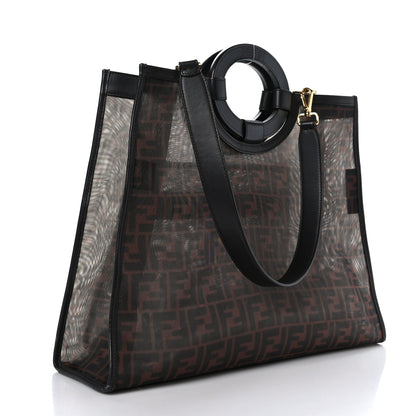 Fendi Mesh Vitello Century Cuoio FF 1974 Medium Runaway Shopper Tote Marrone Black Ebano 4 of 13