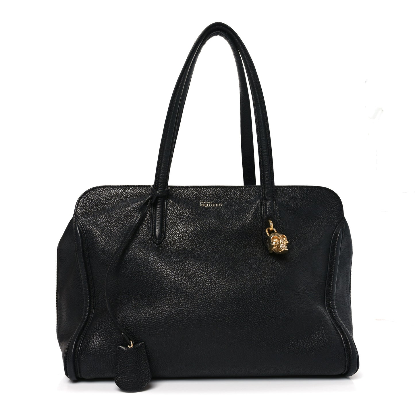 Pebbled Calfskin Large Skull Padlock Zip Around Tote Black