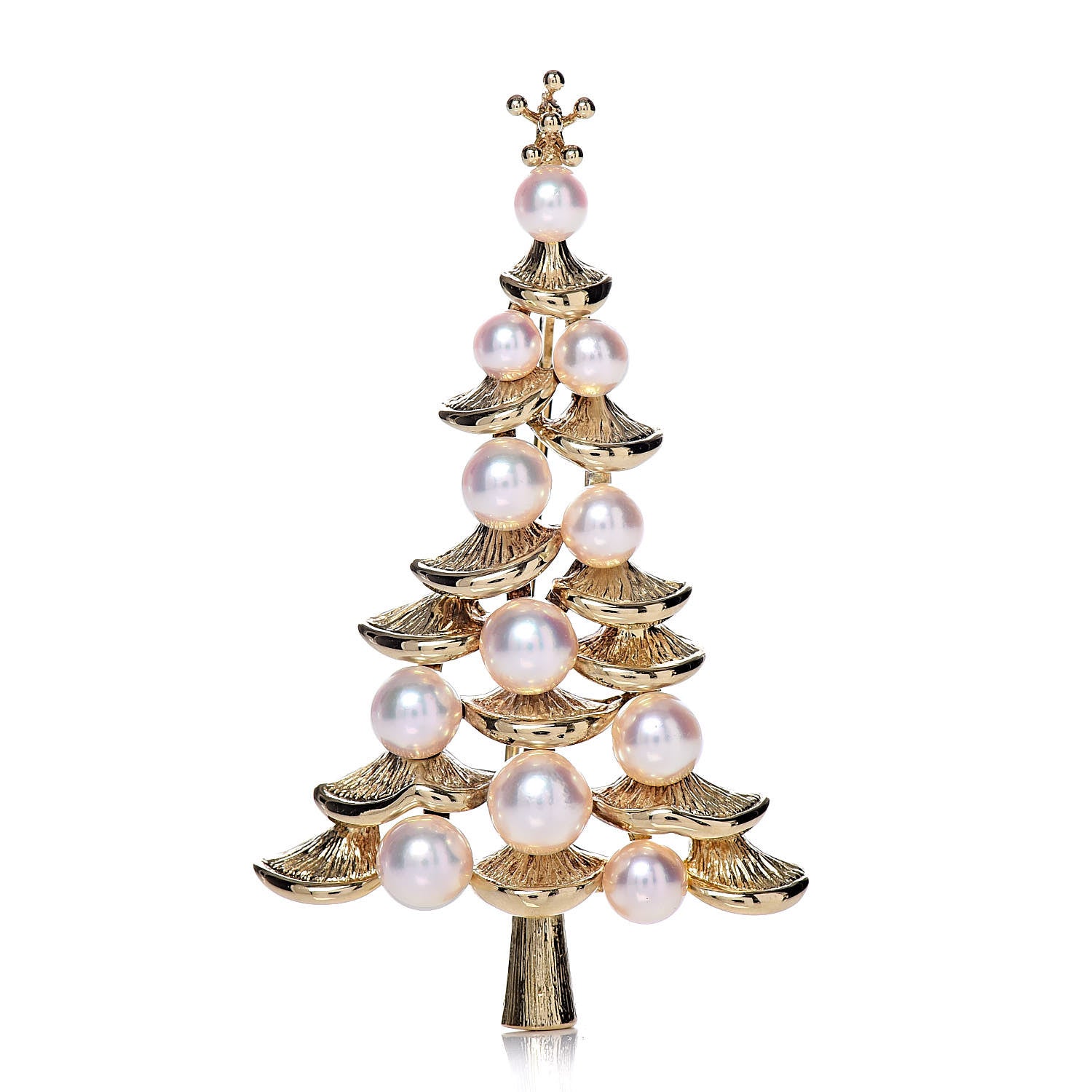 Mikimoto 18K Yellow Gold Akoya Pearl 3.5-5.5mm Christmas Tree Pendant Brooch 1 of 4