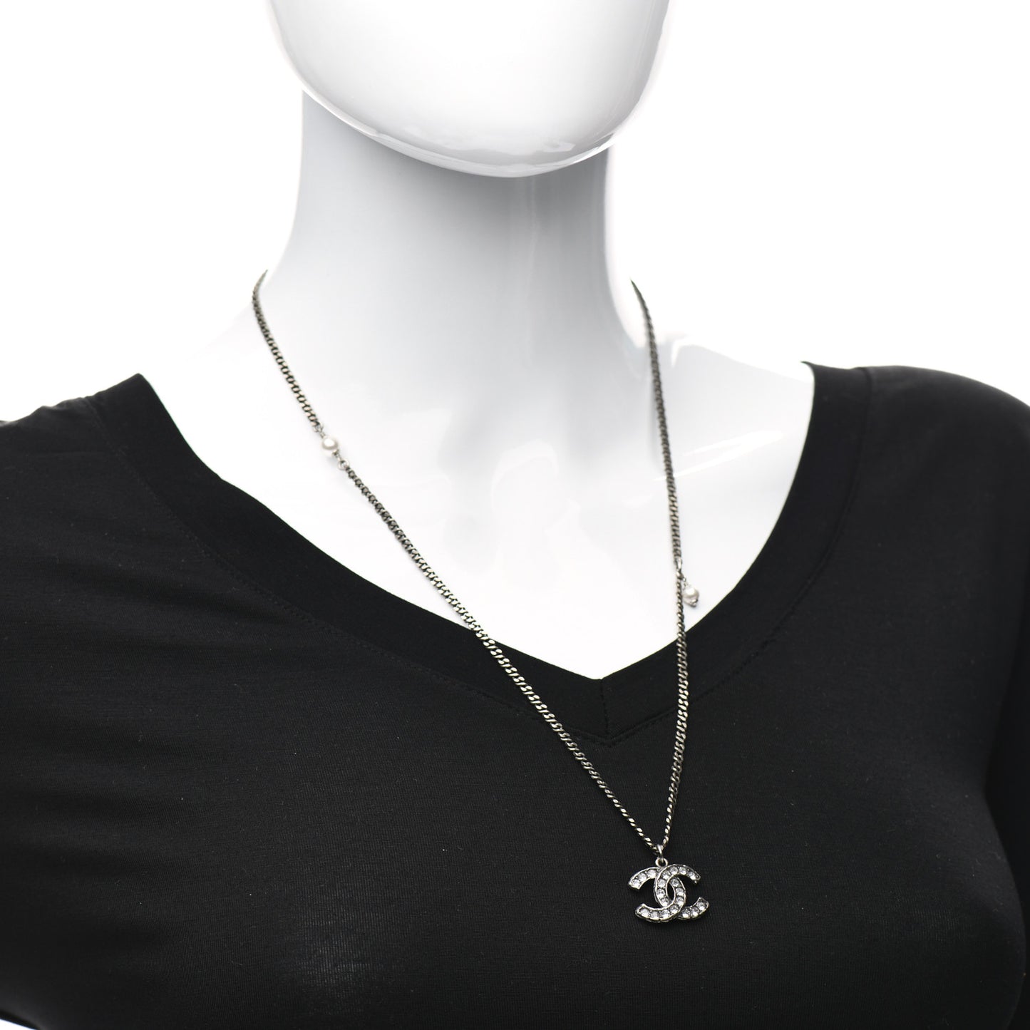 Pearl Crystal CC Pendant Necklace Silver