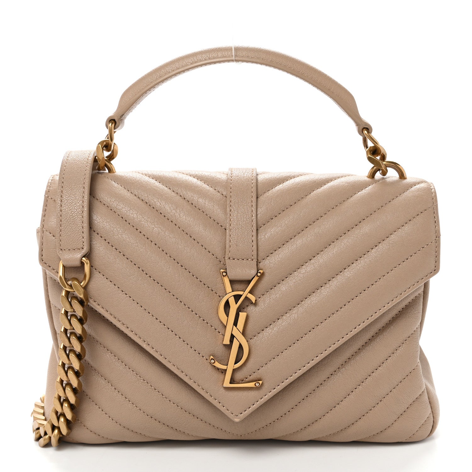 Saint Laurent Sheepskin Matelasse Chevron Monogram Medium College Bag Dark Beige 1 of 10