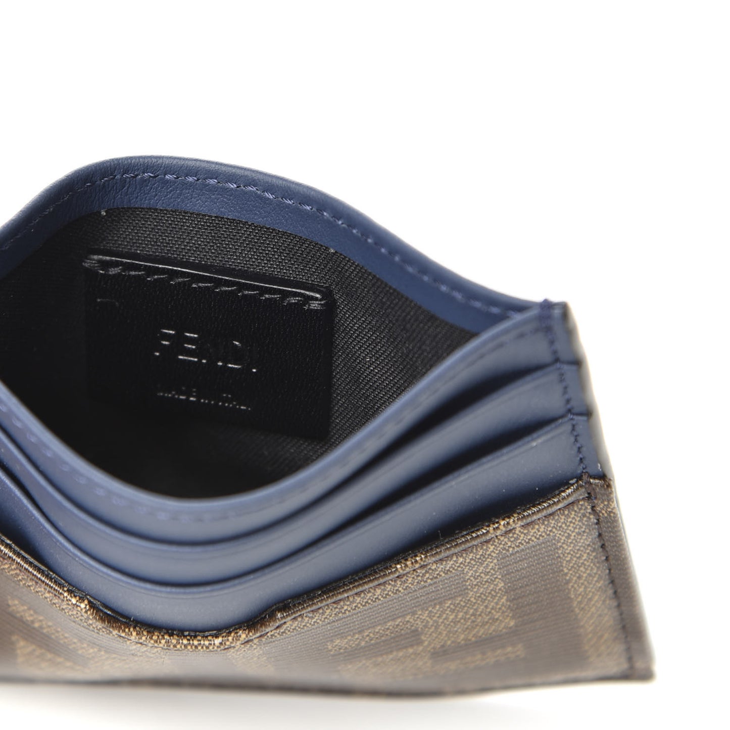 Vitello Century Glazed Fabric FF 1974 Card Holder Blu Scuro Mogano Panna