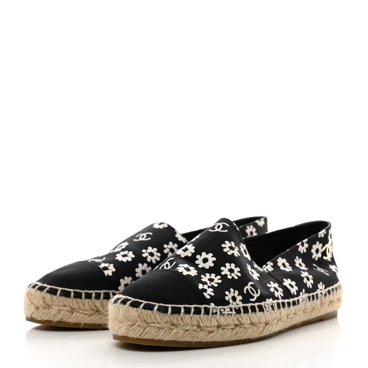 Chanel Fabric Printed Grosgrain Floral Espadrilles 38 Black Ivory 3 of 10