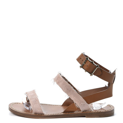 Valentino Garavani Calfskin Feather Rockstud Ankle Strap Flat Sandals 36 Tan Pink 1 of 9
