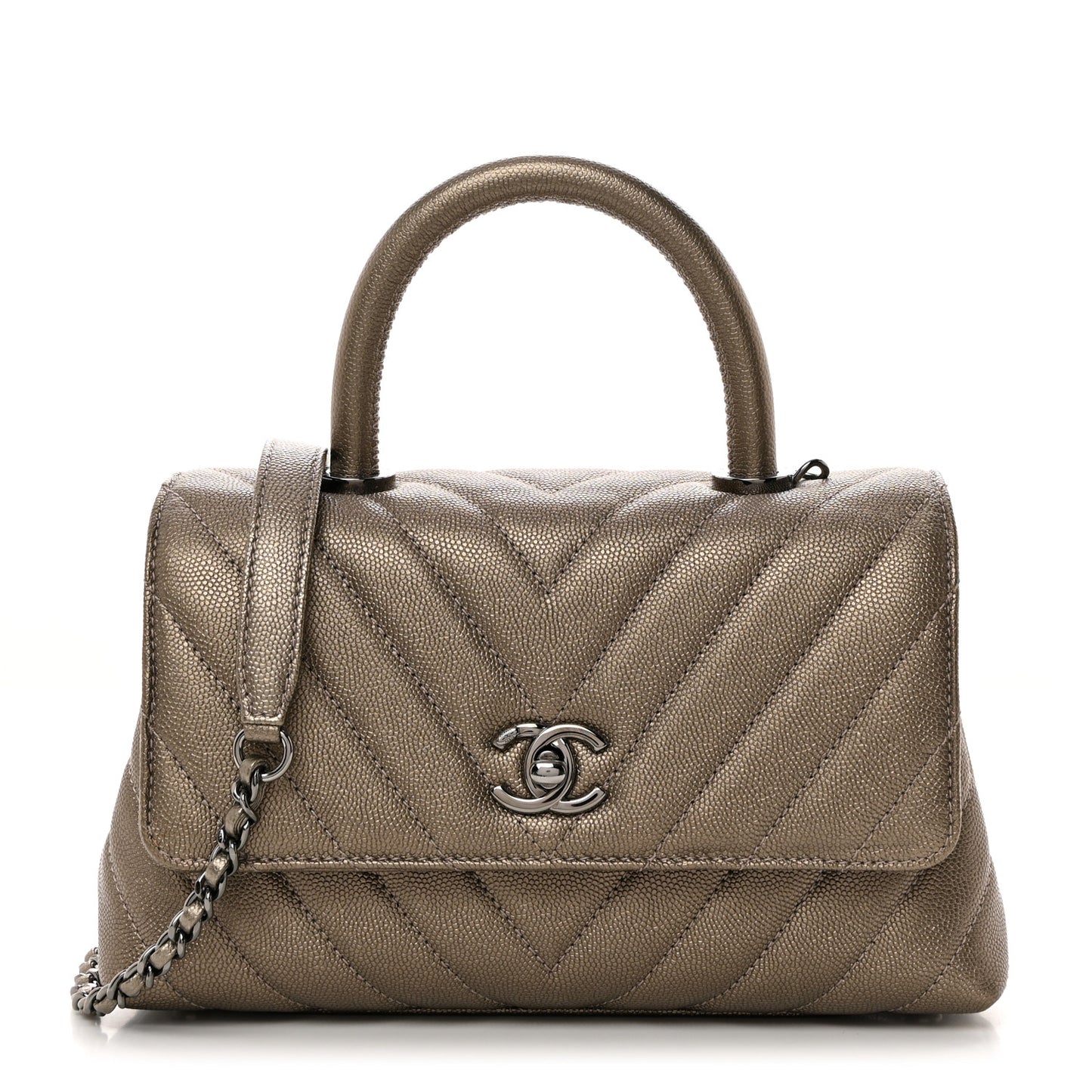 Metallic Caviar Chevron Quilted Mini Coco Handle Flap Light Gold