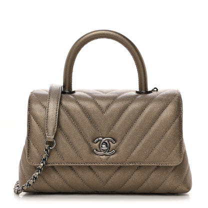 Chanel Metallic Caviar Chevron Quilted Mini Coco Handle Flap Light Gold 1 of 10