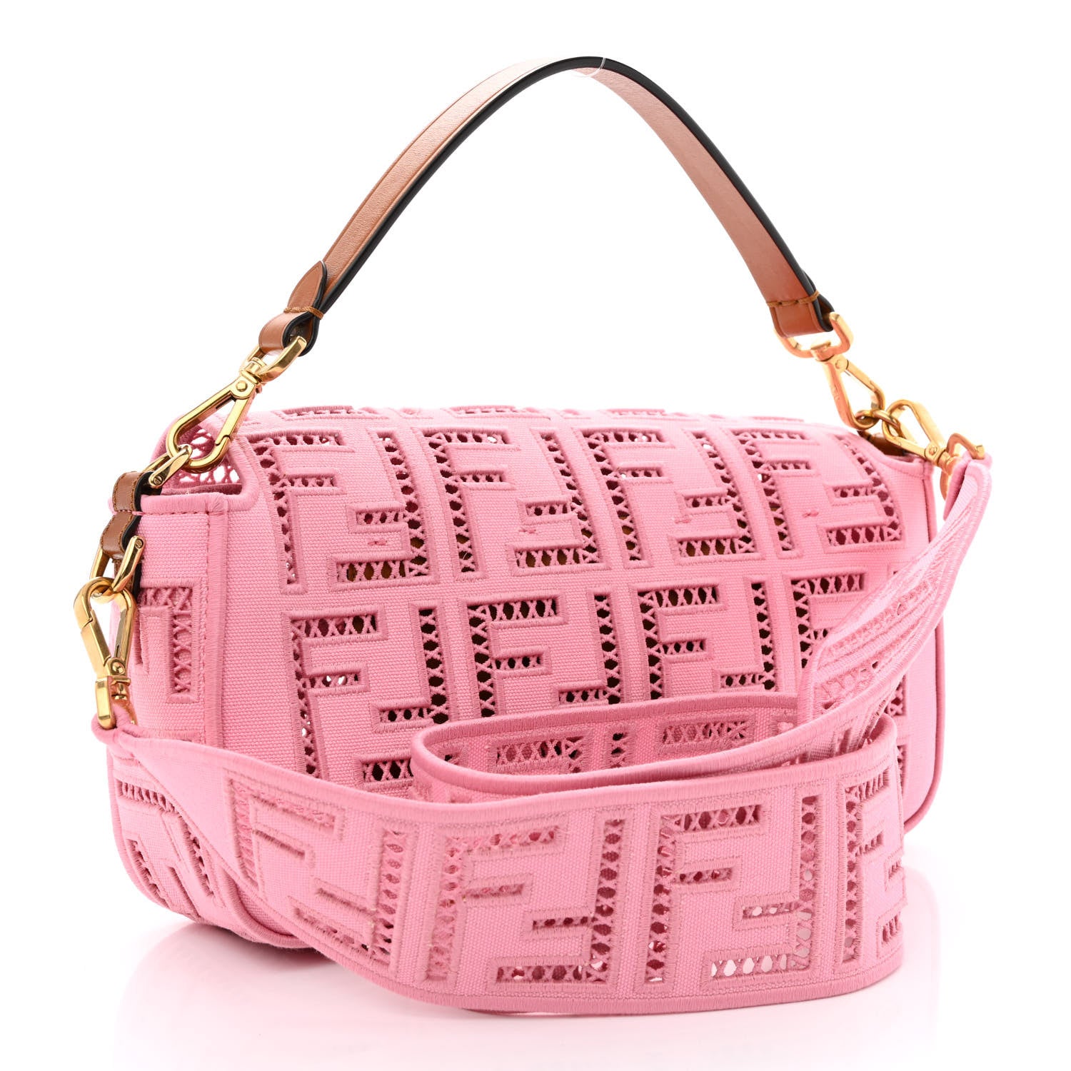Fendi Canvas Cuoio Agata FF Ajour Embroidered Baguette Ciclamino Cuoio 3 of 12