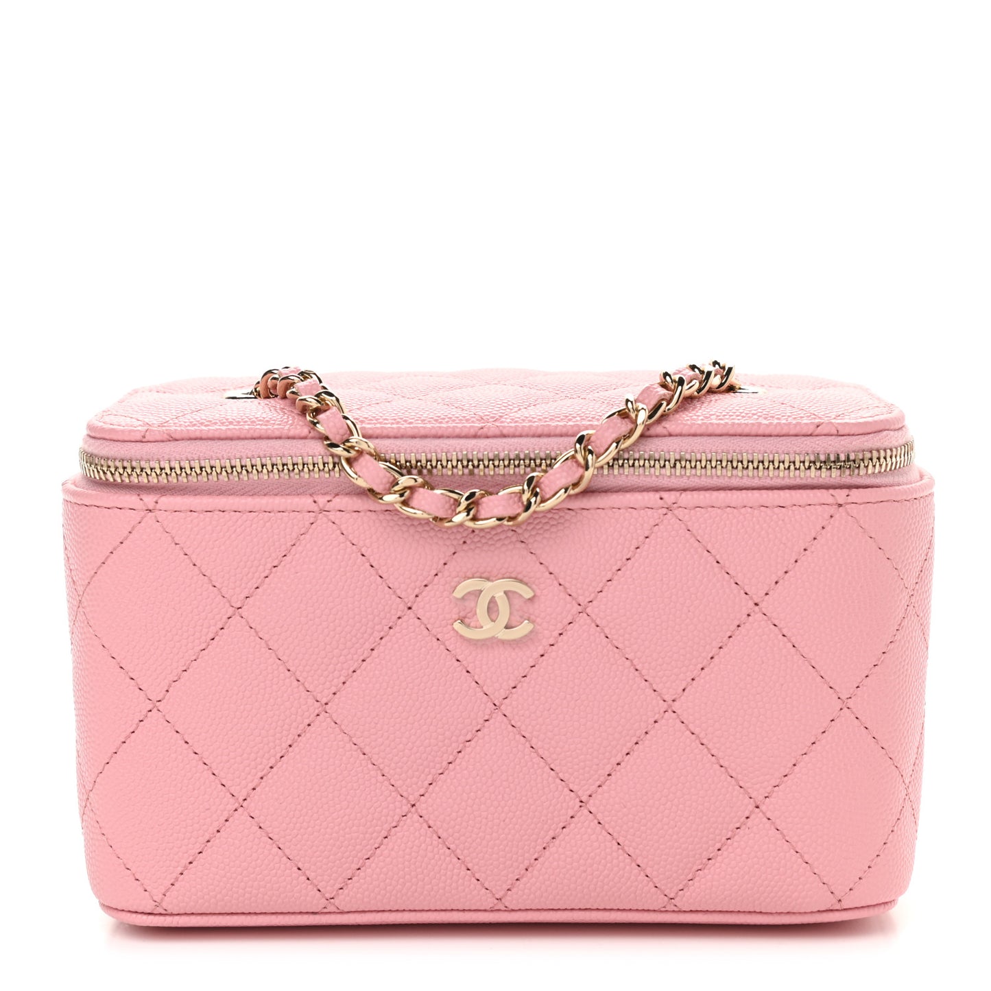 Caviar Quilted Small Vanity Case With Chain Pink