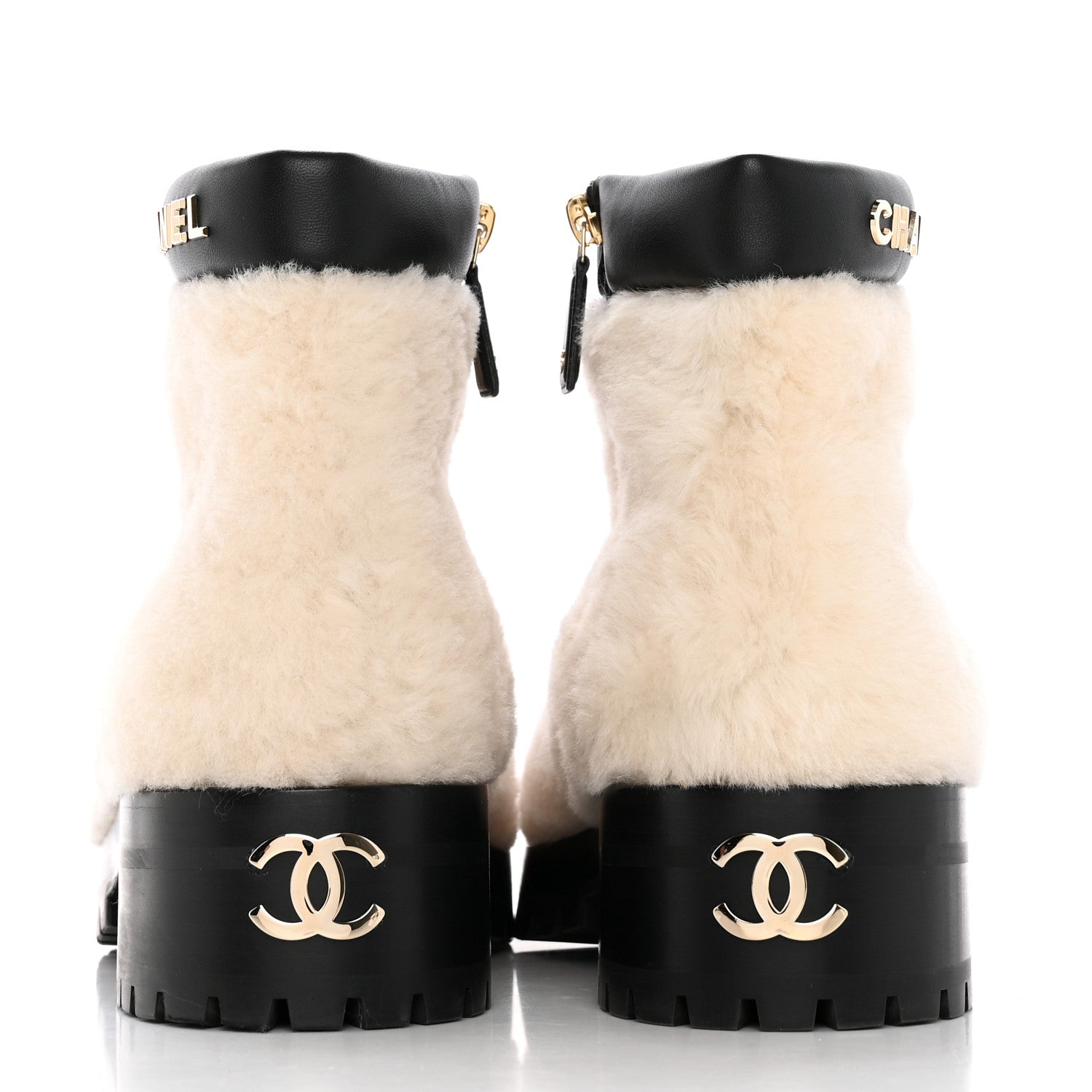 Chanel Shearling Lambskin Logo Ankle Boots 38.5 Ivory Black 5 of 14