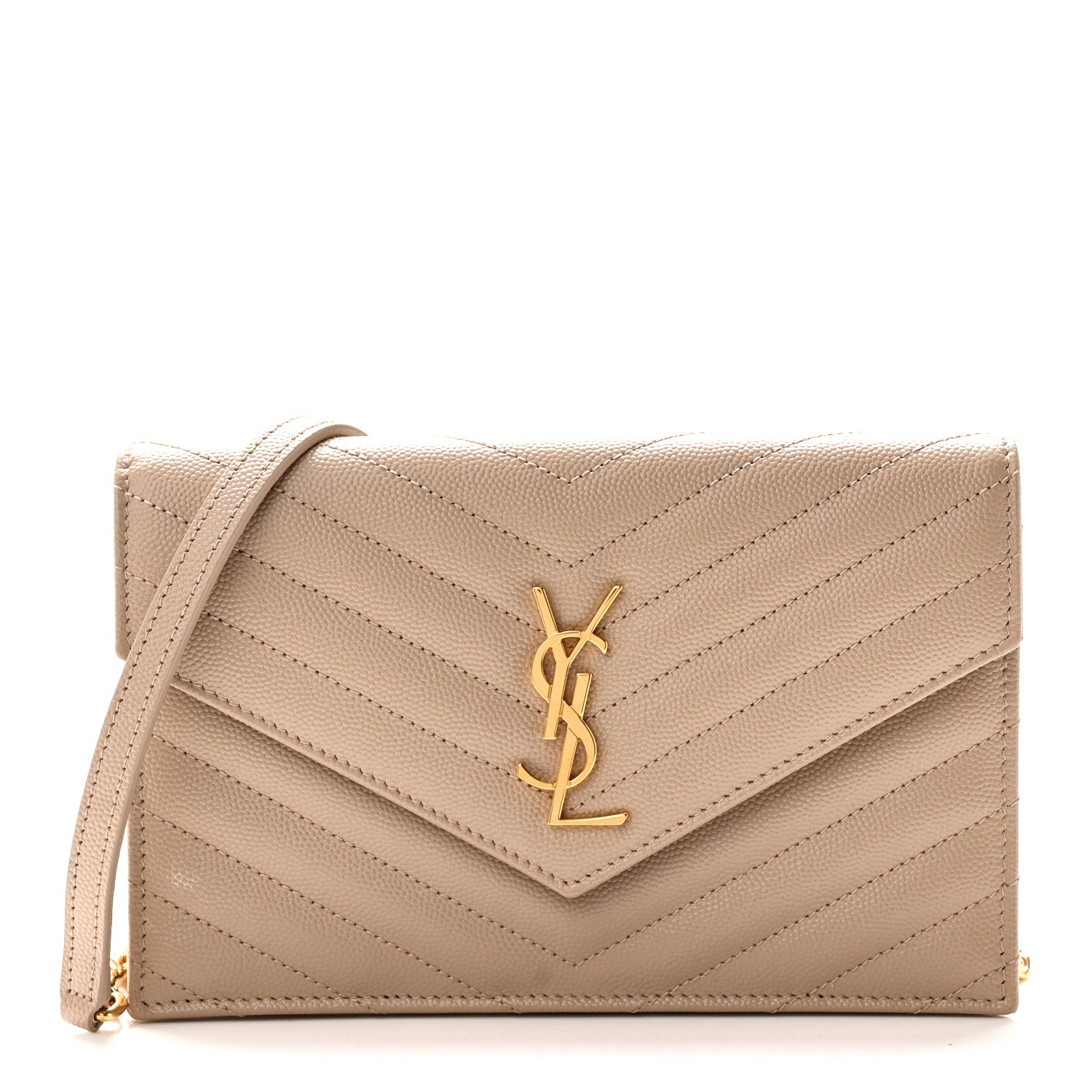 Saint Laurent Grain De Poudre Matelasse Chevron Monogram Envelope Chain Wallet Dark Beige 1 of 10