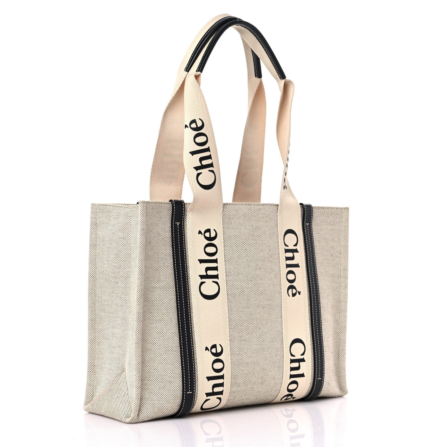 Cotton Calfskin Medium Woody Ribbon Tote White Black