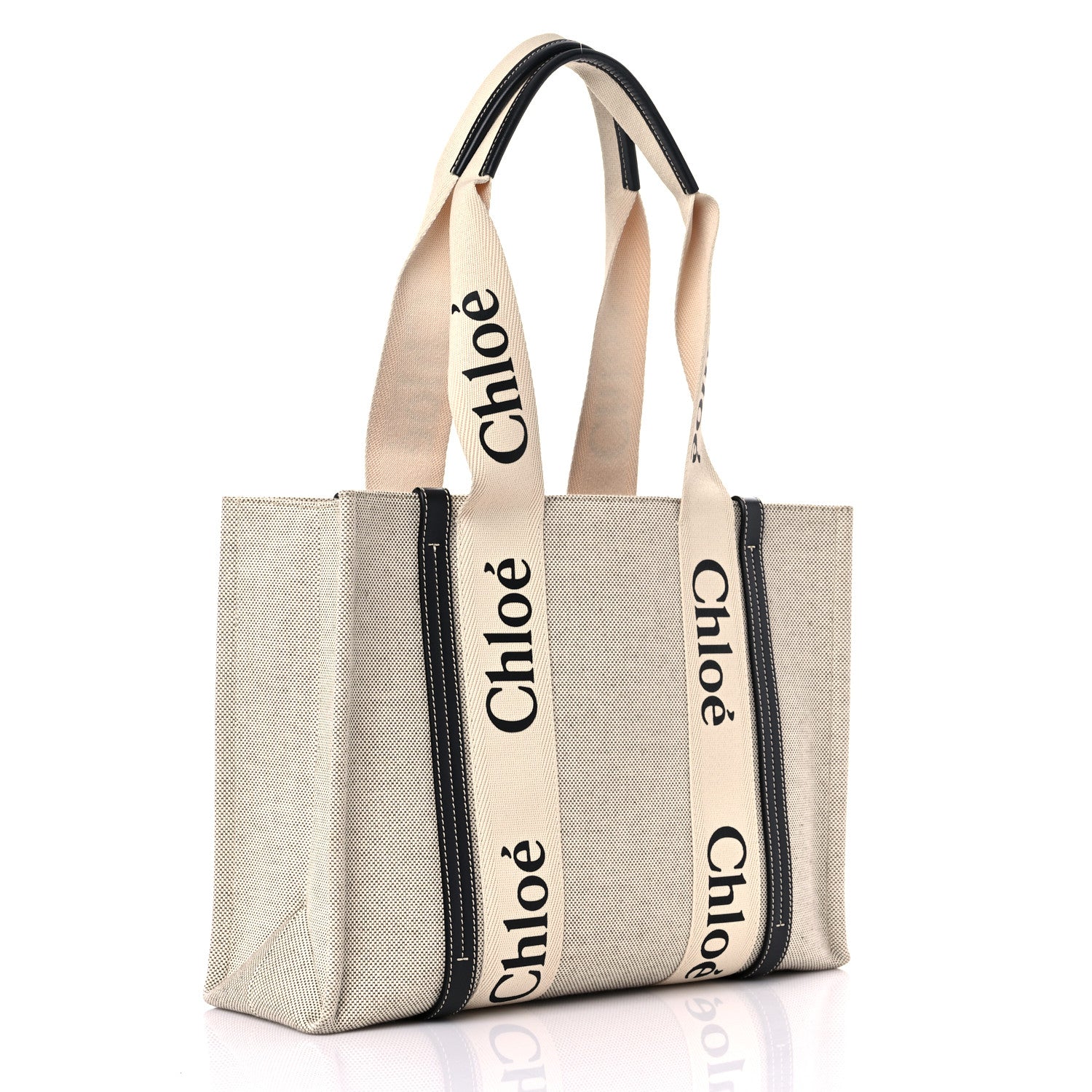 Chloe Cotton Calfskin Medium Woody Ribbon Tote White Black 3 of 12