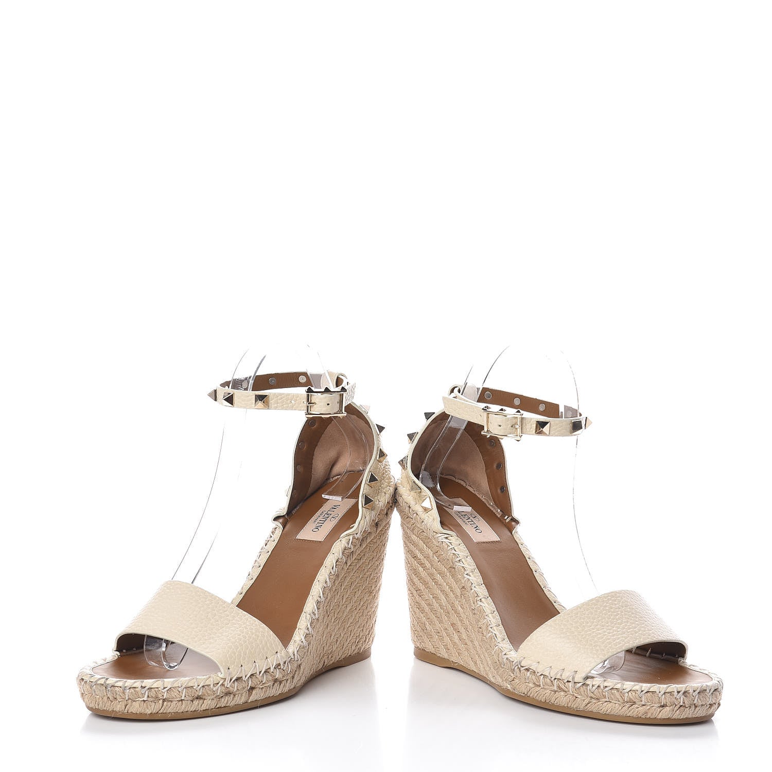 Valentino Garavani Grained Calfskin Rockstud Ankle Strap Espadrille Wedge Sandals 38 Light Ivory 6 of 9