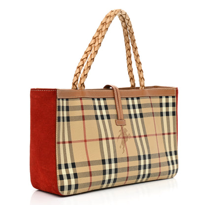 Burberry Haymarket Check Suede Horn Toggle Shoulder Bag Red 3 of 9