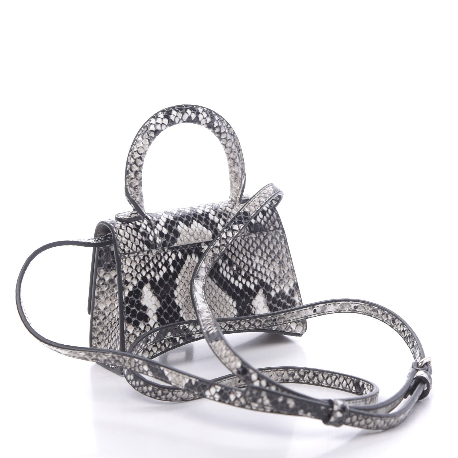 Balenciaga Shiny Calfskin Python Effect Hourglass Top Handle Bag Mini Black White 3 of 10